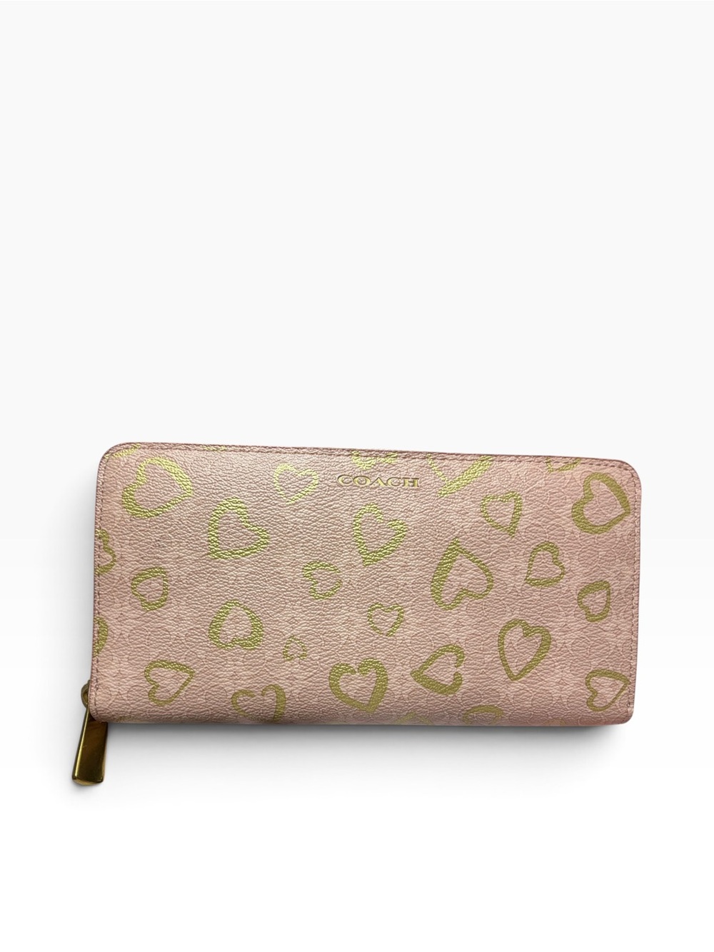 Coach Blush Pink Gold Heart Print Zip Around Continental Wallet